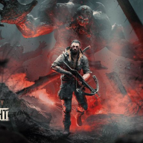 Un hombre armado con una ballesta avanza cautelosamente en un bosque envuelto en niebla y luz roja, mientras a sus espaldas se alza una criatura gigantesca y aterradora de la saga Dying Light.