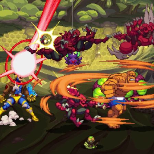 Escena pixelada de combate con dos superhéroes enfrentando criaturas en un entorno cavernoso.
