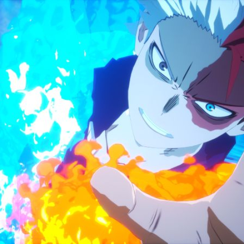 Ilustración de un personaje que combina poderes de fuego y hielo en una escena de acción.