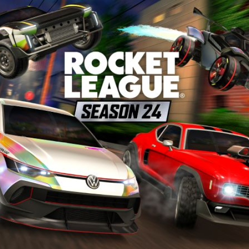 Cuatro vehículos de carreras personalizados realizan acrobacias aéreas y derrapes sobre el asfalto de una ciudad iluminada de noche, rodeando el logotipo oficial de Rocket League Season 24.