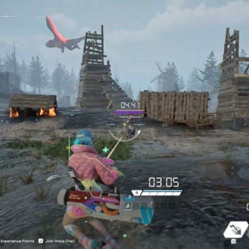 Captura de pantalla de un videojuego de acción en tercera persona con personajes equipados y un entorno exterior de combate.