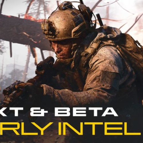 Imagen promocional oficial de Call of Duty: Modern Warfare 4. A la izquierda resalta el logotipo oficial de MW4 con detalles en amarillo. En el centro se observa a un soldado de operaciones especiales equipado con casco, visor nocturno y camuflaje táctico sosteniendo un rifle de asalto en un entorno boscoso en llamas. En la parte inferior destaca una franja amarilla con letras negras en mayúsculas que dice "NEXT & BETA EARLY INTEL".