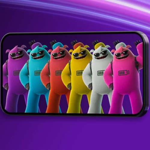 Seis personajes de estilo caricaturesco posan sobre la pantalla de un teléfono móvil, enmarcados por un fondo púrpura vibrante con efectos de luz.