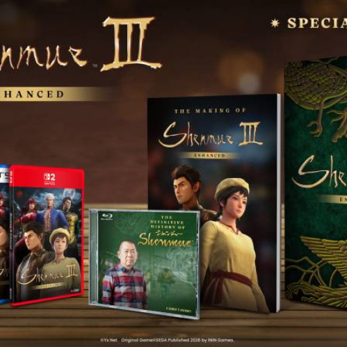 Conjunto de ediciones físicas y materiales adicionales de Shenmue III Enhanced, incluyendo cajas de juego para distintas plataformas, un libro de producción y un disco documental frente a una caja de colección decorada.