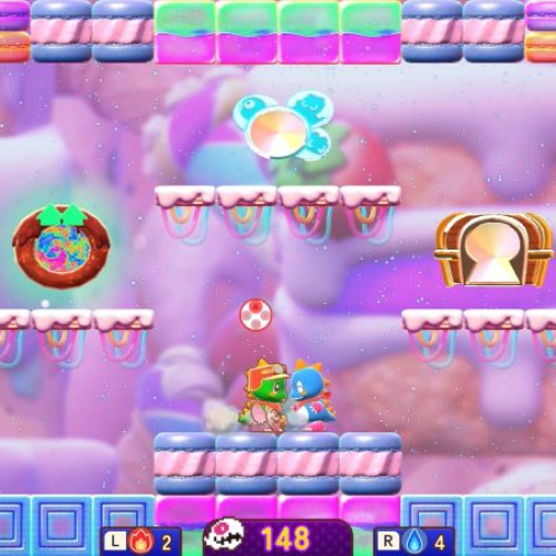 Captura de pantalla en 2D de un nivel del videojuego BUBBLE BOBBLE Sugar Dungeons Boosted. En la parte central de la pantalla se observa al pequeño dragón verde Bub usando un casco con visera junto a un dragón azul sobre una plataforma de pastel. El nivel está decorado con bloques de macarrones de colores pastel en los bordes y plataformas de merengue. Arriba flotan una dona gigante glaseada y un cofre del tesoro dorado. En la parte inferior se aprecia la interfaz de usuario con contadores de puntos e iconos de habilidades de fuego y agua.