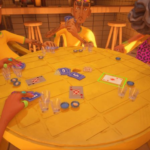 Captura de pantalla del videojuego CAPOTE con vista desde arriba de una mesa de bar circular amarilla. Alrededor de la mesa hay varios personajes de estilo caricaturesco jugando a las cartas. En el centro de la mesa se observan naipes azules colocados en el tablero, vasos de shots virtuales y platillos con botanas. Al fondo se distingue un ambiente de bar cálido con bancas de madera y una mesa de billar iluminada.