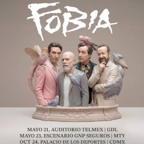 Representación artística de cinco figuras masculinas estilizadas como esculturas clásicas, acompañadas por aves y con el nombre de la banda en la parte superior.