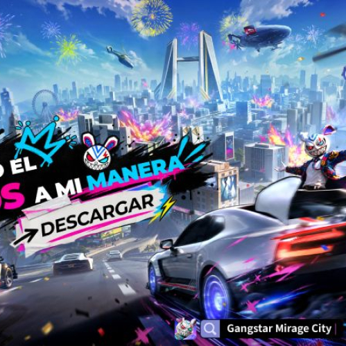 Arte promocional oficial de Gangstar Mirage City. En el centro aparece la frase "Domino el caos a mi manera" junto al botón "Descargar" y el logotipo del juego. A la derecha, un personaje vistiendo un saco elegante y una máscara de conejo estilizada con grafitis posa sobre el alerón de un automóvil deportivo gris en pleno derrape. Al fondo se aprecia la arquitectura futurista de una metrópolis iluminada con rascacielos, helicópteros y fuegos artificiales en el cielo. En la esquina inferior derecha se muestran las insignias de App Store y Google Play.