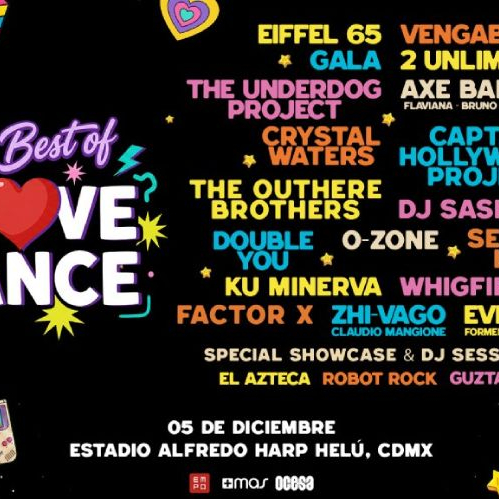 Cartel promocional del festival I Love Dance 2026 con fondo negro e ilustraciones retro de radiocaseteras, Game Boy y Tamagotchi, listando a los artistas Eiffel 65, Vengaboys, Gala, 2 Unlimited, Axé Bahía y más, con fecha 5 de diciembre en el Estadio Alfredo Harp Helú.