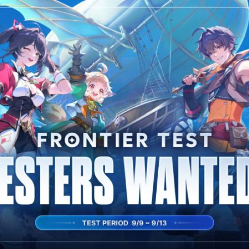 Imagen promocional oficial de la beta de LIMIT ZERO BREAKERS con el texto "FRONTIER TEST TESTERS WANTED!" al centro. En el fondo de tono azul y cielo despejado se observa una aeronave dirigible flotando entre nubes. En primer plano aparecen tres personajes con estética anime: un joven a la derecha sosteniendo una espada, una chica con traje rojo y negro sonriendo a la izquierda, y una pequeña joven en el centro alzando los brazos alegremente. En la parte inferior destaca un botón azul con el periodo de prueba "9/9 ~ 9/13".