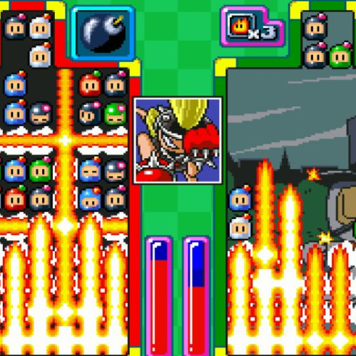 Captura de pantalla en formato pixel art de 16 bits del juego de puzles competitivo Panic Bomber W. La pantalla está dividida en dos áreas de juego: a la izquierda, una matriz de bloques de colores (rojos, azules, verdes y blancos) con rostros de Bomberman estallando en ráfagas de fuego verticales y horizontales; en el centro, el retrato de un personaje estilo anime en un recuadro. A la derecha, un segundo tablero de juego muestra explosiones similares frente a un escenario oscuro con la silueta de un personaje con sombrero de copa al fondo.