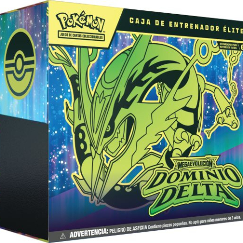 Caja de Entrenador Élite de la expansión "Megaevolución-Dominio Delta" de Pokémon Juego de Cartas Coleccionables, destacando la ilustración frontal de Mega-Rayquaza en tonos verdes y amarillos sobre un fondo con tonalidades azules y violetas.