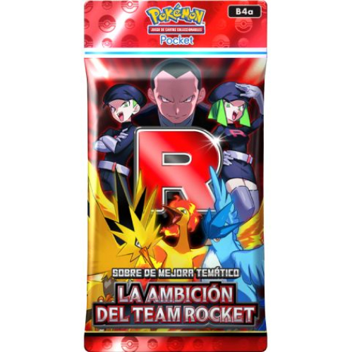 Imagen de un sobre de mejora del Juego de Cartas Coleccionables Pokémon Pocket titulado "La Ambición del Team Rocket". En la parte superior roja aparece el logotipo oficial de Pokémon Pocket. Al centro destaca el líder Giovanni acompañado de dos reclutas del Team Rocket y la emblemática letra "R" en color rojo brillante. En la parte inferior se observan las ilustraciones de las aves legendarias Zapdos, Moltres y Articuno junto con el título del sobre temático.