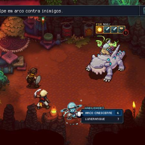 Escena de combate en un entorno cavernoso donde tres personajes enfrentan a una criatura de gran tamaño, con menús y habilidades visibles en pantalla.