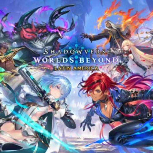 Arte promocional oficial de Shadowverse: Worlds Beyond - Latin America. Al centro destaca el logotipo del videojuego iluminado en tonos morados y azules con el subtítulo "LATIN AMERICA". Alrededor se muestran varios personajes de estética anime con atuendos fantásticos, magia brillante, fuego y pistolas futuristas, posando sobre un fondo de castillo en ruinas bajo un cielo místico.