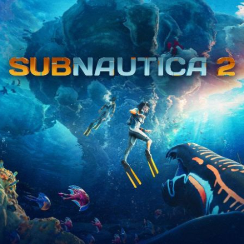Arte promocional del videojuego Subnautica 2. El título "SUBNAUTICA 2" aparece destacado al centro en letras amarillas y naranjas brillantes. En el centro, dos buzos nadan en un océano azul profundo iluminado por rayos de luz solar que atraviesan la superficie. En primer plano, una gran criatura marina alienígena nada cerca de arrecifes de coral coloridos a la izquierda, mientras una nave o submarino sumergido se divisa al fondo.