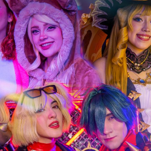 Composición fotográfica promocional para el Concurso de Cosplay de Telcel GAMERGY México 2026. Muestra a cinco cosplayers luciendo trajes detallados de personajes de videojuegos y anime con atuendos coloridos, sombreros con orejas de animales, pelucas estilizadas en tonos rubio, azul y rubio claro, e indumentaria gótica o de combate. En la esquina superior izquierda se encuentra el logotipo oficial de Telcel GAMERGY, y en la franja inferior los logotipos de los patrocinadores oficiales como Telcel, BYD, Volt, Maruchan, Panini, Cinépolis, Concacaf Kick-Off y Arena.