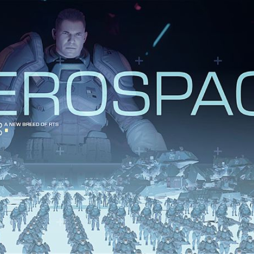 Imagen promocional del videojuego "ZeroSpace". En la parte superior, sobre un fondo oscuro, se ve el rostro serio de un personaje con armadura futurista y el logotipo tipográfico del título "ZEROSPACE" junto a la leyenda "A NEW BREED OF RTS". En la mitad inferior, una enorme cantidad de unidades militares y soldados con armaduras azules y armas de fuego se alinean en formaciones cerradas sobre una superficie clara e iluminada.