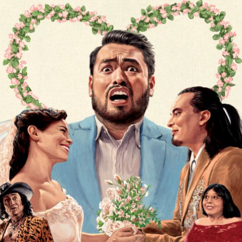 Ilustración publicitaria en formato vertical del póster oficial de la película "A Toda Madre". Al centro destaca la figura de Hugo "El Cojo Feliz" con rostro de sorpresa sosteniendo un ramo de flores blancas dentro de un corazón formado por guirnaldas rosa. A la izquierda se observa a Lourdes Echevarría vestida de novia y a la derecha a Ricardo Pérez con traje color mostaza. Alrededor aparecen caricaturizados y pintados Adal Ramones, Jesús Ochoa y otros integrantes del elenco sobre un fondo crema con los logotipos de Cinépolis y +QUE CINE en la parte inferior.