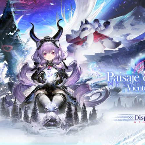 Ilustración promocional para la actualización "Paisaje onírico de Viento y Nieve" del videojuego Arknights: Endfield. En el centro aparece la operadora Typhoeus sentada en postura meditativa sobre un paisaje helado, luciendo cabello morado en trenzas, cuernos oscuros, un atuendo detallado y sosteniendo una luz mágica entre sus manos. A su alrededor se observan siluetas de siervos mágicos, un bosque cubierto de nieve, estructuras heladas y criaturas espirituales. En la esquina superior derecha destaca el logotipo oficial de Arknights: Endfield, mientras que al costado derecho se lee en tipografía elegante el título de la actualización "Paisaje onírico de Viento y Nieve" con la leyenda "Disponible" en la parte inferior.