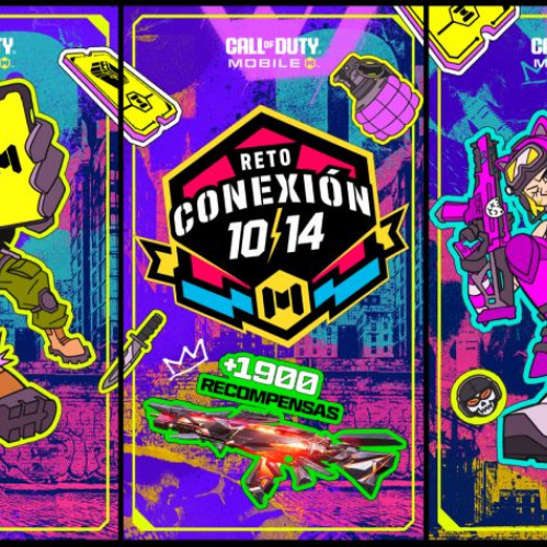 Ilustración gráfica oficial del evento Reto Conexión 10/14 para Call of Duty: Mobile dividida en tres paneles de estilo cómic y arte urbano. En el panel izquierdo aparece el personaje Ghost con casco y visión táctica sosteniendo un teléfono móvil con el logotipo del juego. El panel central ostenta el escudo oficial con la leyenda "Reto Conexión 10/14", acompañado de la indicación "+1900 Recompensas" junto a una skin de arma Mítica brillante sobre un fondo morado con grafiti. El panel derecho muestra al personaje femenino Urban Tracker luciendo orejas de gato, indumentaria rosa, una subametralladora y la frase en español "¡Ponte Trucha!".