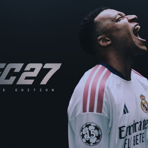 Imagen promocional de la portada de la Ultimate Edition del videojuego EA SPORTS FC 27. A la izquierda, sobre un fondo gris oscuro mate con textura suave, se ubica el logotipo oficial con el texto EA SPORTS en la parte superior, seguido del título FC27 en letras grandes en tono plateado brillante con estilo metálico, y debajo la leyenda ULTIMATE EDITION. A la derecha de la imagen aparece el futbolista Kylian Mbappé de perfil mirando hacia arriba con la boca abierta en un gesto de festejo efusivo. Viste el uniforme de local blanco del Real Madrid con el escudo del equipo en el pecho, el logotipo de la marca Adidas y el patrocinador Emirates Fly Better. En su manga derecha destaca el parche circular blanco con el número 15 correspondiente a los títulos de la UEFA Champions League.