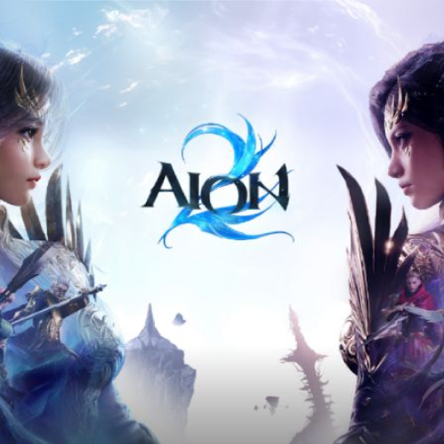 Ilustración clave de arte conceptual para el juego AION 2. En el centro destaca el logotipo del juego con el texto AION 2 en tonos azul brillante y metálico. A ambos lados se aprecian dos personajes femeninos en primer plano enfrentadas de perfil: a la izquierda, una Daeva de luz con cabello claro, adornos dorados en la cabeza y armadura plateada con detalles dorados; a la derecha, una Daeva oscura con cabello negro, corona dorada y túnica mística en tonos morados. En segundo plano se observan personajes secundarios preparados para el combate con espadas, arcos y bastones mágicos sobre un fondo de islas flotantes y un cielo místico en tonos azules y púrpuras.