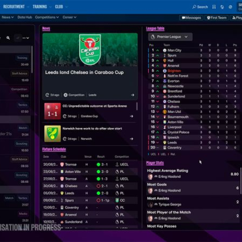 Captura de pantalla de la interfaz de usuario de Football Manager 27 en el menú Portal. Se observa la barra superior con las pestañas de Portal, Plantilla, Tácticas, Contratación, Entrenamiento y Club, junto con paneles oscuros con detalles en azul y violeta que muestran la tabla de posiciones de la Premier League, mensajes del equipo, estadísticas de jugadores y presupuestos de transferencias del Brighton.