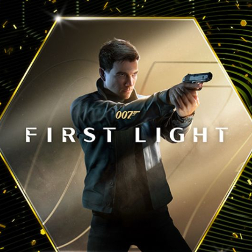 Arte promocional de “007 First Light” mostrando al protagonista armado sobre un fondo negro y dorado relacionado con GeForce NOW.