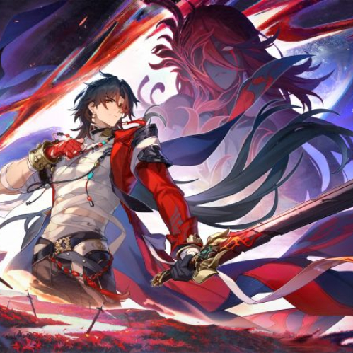 Arte promocional de “Honkai: Star Rail” versión 4.3 con Blade sosteniendo una espada frente a un escenario fantástico de tonos rojos y púrpuras.