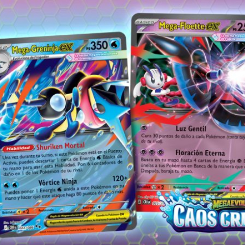 Cartas de Mega-Greninja ex y Mega-Floette ex pertenecientes a la expansión Megaevolución-Caos Creciente de JCC Pokémon.