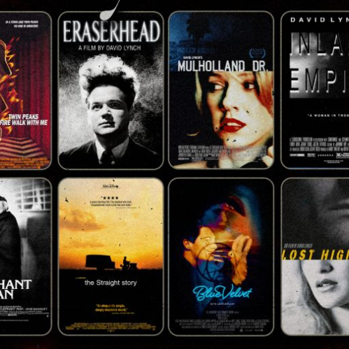 Póster promocional del ciclo cinematográfico Los Sueños de Lynch sobre un fondo de cortinas rojas plisadas al estilo de la habitación roja de Twin Peaks. El cartel reúne los pósteres individuales de ocho películas de David Lynch distribuidos en dos filas de cuatro. En la fila superior se observan las carátulas de Twin Peaks: Fire Walk with Me, Eraserhead en blanco y negro, Mulholland Drive con el rostro de Naomi Watts, e Inland Empire. En la fila inferior se encuentran los afiches de The Elephant Man en blanco y negro, The Straight Story con un paisaje al atardecer, Blue Velvet con tonalidades azules y neón, y Lost Highway en blanco y negro con tipografía amarilla.