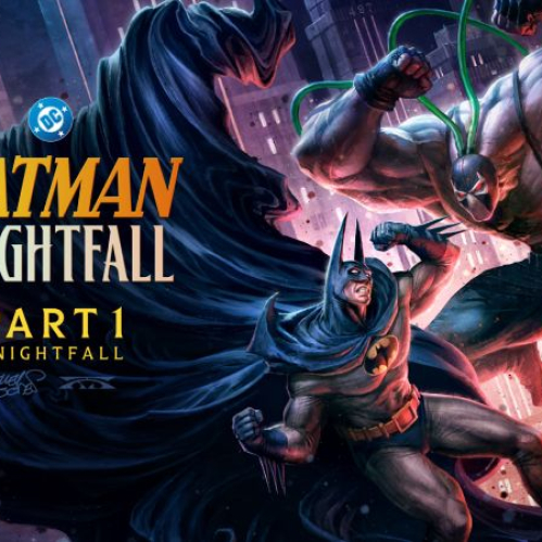 Ilustración al estilo cómic en la que Batman lucha contra un musculoso Bane con tubos de sustancia verde conectados a su cabeza. Al lado izquierdo destaca el título oficial Batman Knightfall Part 1 Knightfall sobre el manto oscuro flotante del héroe.