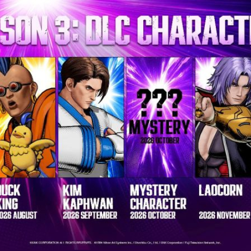 Imagen promocional en formato horizontal de la Temporada 3 de personajes DLC para FATAL FURY: City of the Wolves. En la parte superior, sobre un fondo púrpura metálico con destellos, se lee en texto blanco "SEASON 3: DLC CHARACTERS". En el centro se despliegan seis recuadros verticales con los peleadores y sus fechas de salida: Rick Strowd (julio 2026), Duck King acompañado de su pequeña ave (agosto 2026), Kim Kaphwan (septiembre 2026), un recuadro de personaje misterioso con tres signos de interrogación (octubre 2026), Laocorn con armadura dorada (noviembre 2026) y un segundo recuadro de personaje misterioso (diciembre 2026).