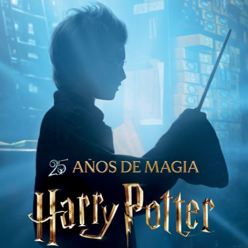 Póster promocional vertical en tonos azules y dorados con marco ornamental. En la parte superior se observa en silueta la figura de Harry Potter sosteniendo su varita, acompañada de la leyenda '25 AÑOS DE MAGIA' y el título 'Harry Potter Y LA PIEDRA FILOSOFAL'. En la zona central se aprecia la ilustración del Castillo de Hogwarts sobre el agua con pequeñas embarcaciones con linternas, junto a la fecha '27 DE AGOSTO'.