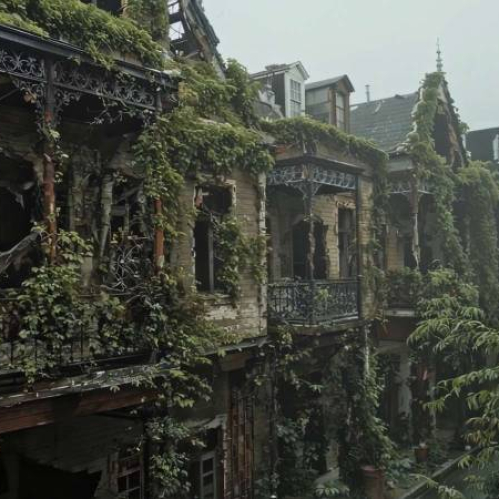 Edificios antiguos cubiertos por vegetación densa y envueltos en neblina, mostrando un entorno urbano abandonado y reclamado por la naturaleza.