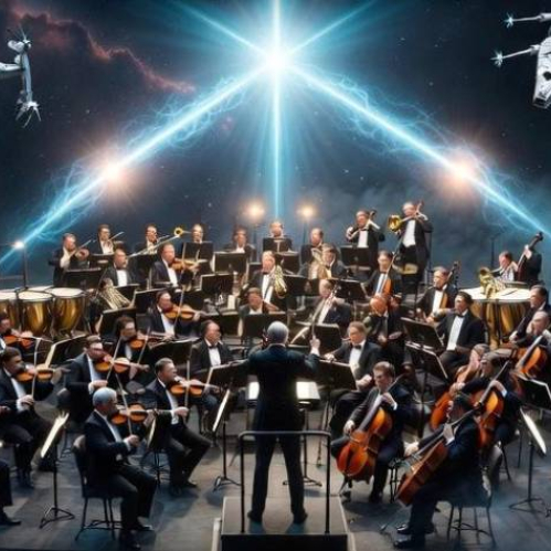 Una orquesta sinfónica interpreta en un escenario rodeado de un fondo espacial con naves icónicas y haces de luz cruzados.