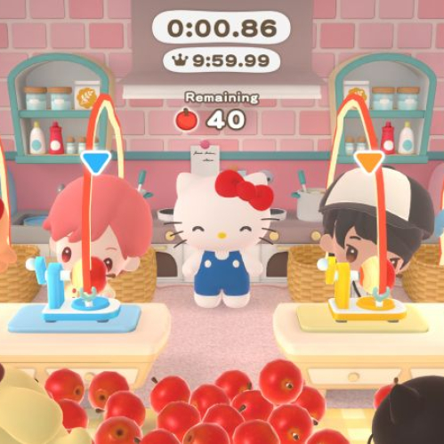 Captura de pantalla del videojuego HELLO KITTY PARTY LAND mostrando un minijuego de cocina o preparación de alimentos en una habitación con paredes de ladrillo rosa. En el centro al fondo está Hello Kitty con su clásico overol azul y moño rojo sonriendo. En el frente hay cuatro estaciones de trabajo atendidas por personajes personalizados con arcos rojos sobre sus cabezas pelando manzanas con máquinas manuales. En la parte inferior de la pantalla hay un gran montón de manzanas rojas y en la parte superior se observa un cronómetro en "0:00.86" y un contador de "Remaining 40".