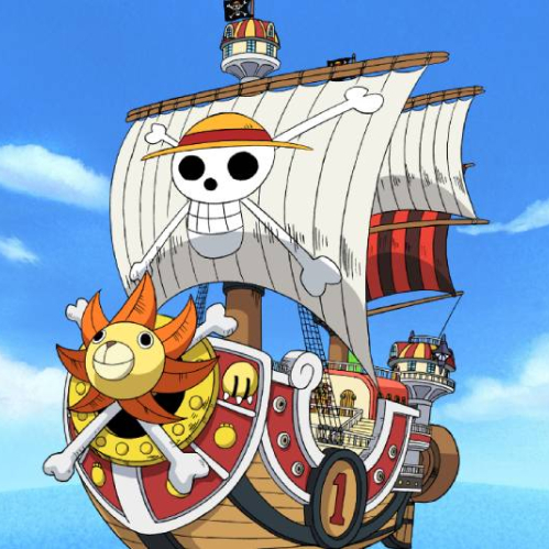 Barco con figura de león navegando sobre el mar bajo un cielo despejado, acompañado del logotipo de One Piece y detalles de un evento.