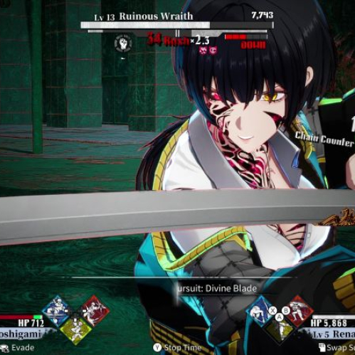 Captura de combate de un videojuego con personajes de estilo anime enfrentándose a un enemigo en un entorno interior.