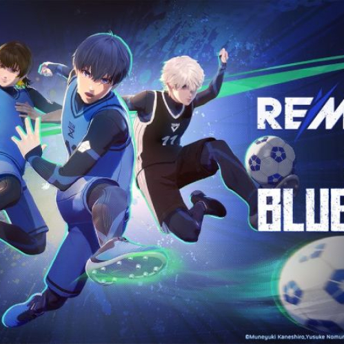 Imagen promocional del evento Rematch x Blue Lock. Muestra a cuatro personajes estilizados del anime Blue Lock (Rin Itoshi, Meguru Bachira, Yoichi Isagi y Seishiro Nagi) ejecutando poses dinámicas de remate de fútbol sobre un fondo azul con destellos y balones en movimiento. Del lado derecho destaca el texto "REMATCH X BLUE LOCK".