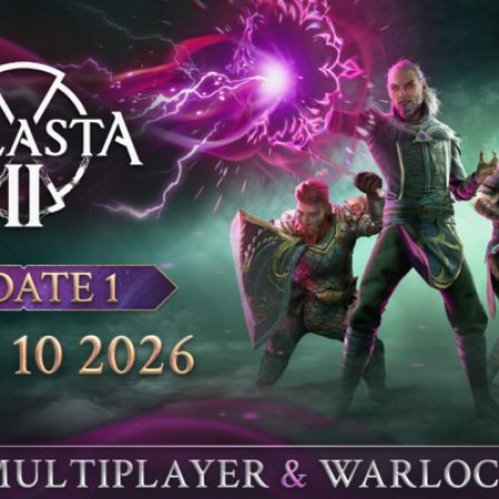 Imagen promocional oficial de la Actualización 1 para el videojuego Solasta II. En la parte superior izquierda se aprecia el logotipo blanco de Solasta II, mientras que en el centro se destaca la leyenda "UPDATE 1 SEPT. 10 2026" en tipografía dorada sobre un cartel morado. A la derecha figuran cuatro personajes de fantasía (un guerrero con armadura, un hechicero canalizando magia morada, una elfa con arco y un mediano con dagas) sobre un fondo oscuro y brumoso. En la parte inferior se lee el texto "MULTIPLAYER & WARLOCK" en dorado y violeta, con la insignia de Steam Early Access en la esquina superior derecha.