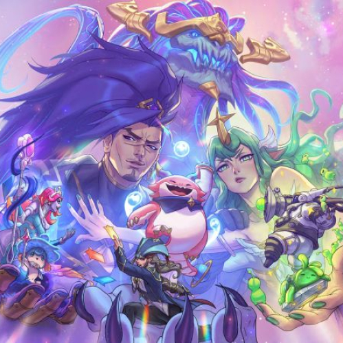Ilustración fantástica con personajes estilizados en un entorno cósmico lleno de energía y criaturas míticas.