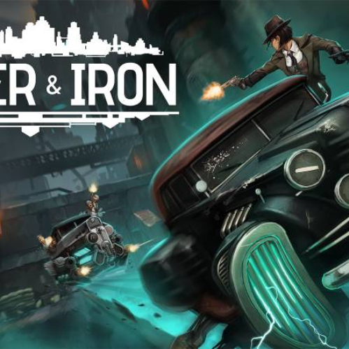 Dos vehículos retrofuturistas avanzan a gran velocidad en una ciudad industrial mientras sus ocupantes intercambian disparos en un entorno oscuro y tecnológico.