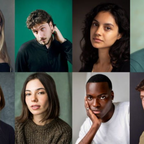 Retratos de ocho personas en composición de estudio con iluminación uniforme y fondos neutros.