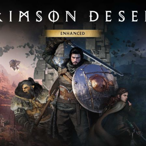 Arte promocional oficial de Crimson Desert Enhanced con una composición horizontal dramática. En el centro se ubica el guerrero mercenario Kliff sosteniendo una espada en alto y un escudo circular metálico golpeado por batallas, vistiendo armadura de cuero y cota de malla. Flanqueándolo se encuentran dos aliados: a la izquierda, un guerrero orco con abrigo de piel pesada y hacha, y a la derecha, una joven luchadora con vestimenta de viaje. Al fondo se observa una estructura cósmica surrealista flotando sobre ruinas medievales, con castillos y montañas bajo un cielo contrastado en tonos cálidos y fríos, coronado por el logotipo del juego con la placa dorada "ENHANCED".