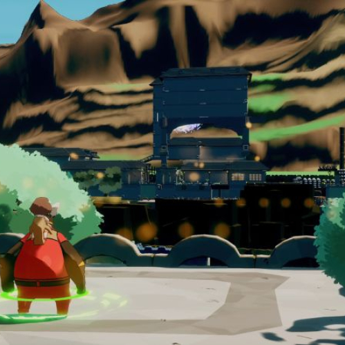 Ilustración de un personaje sobre una plataforma de piedra frente a una ciudad de estética industrial y un paisaje montañoso.