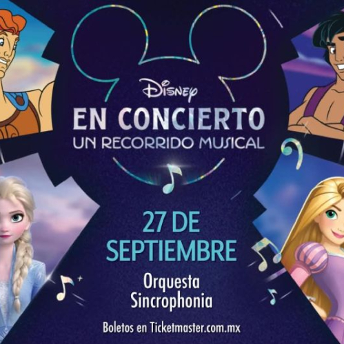 Cartel oficial del evento Disney En Concierto: Un Recorrido Musical con un fondo morado y el símbolo de orejas de Mickey Mouse, rodeado por recuadros de personajes de animación como Ariel, Simba, Hércules, Aladdín, Elsa y Rapunzel.