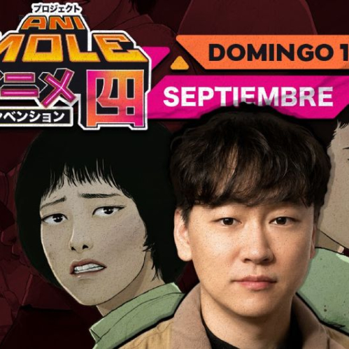 Promocional del autor Joo Dong-geun junto al logotipo de AniMole 4 en tonos rosa y naranja, con los personajes del webtoon Estamos muertos de fondo sobre fondo oscuro.