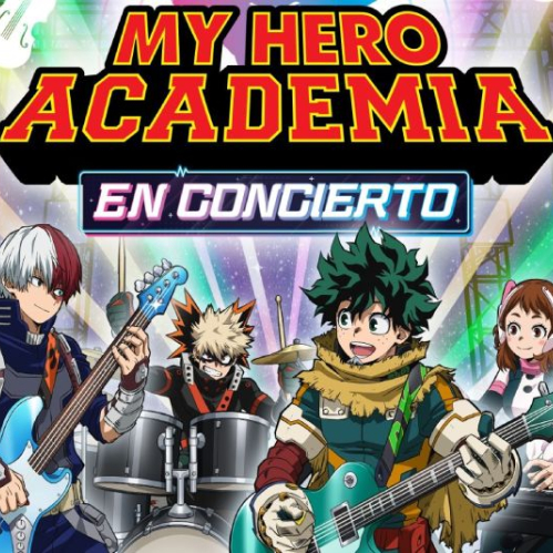 Ilustración del anime My Hero Academia en formato de banda de rock en un escenario, con los personajes Todoroki en el bajo, Bakugo en la batería, Midoriya en la guitarra principal y Uraraka en el teclado bajo el título del show.   